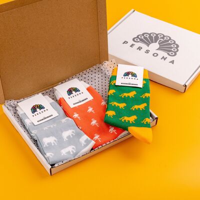 Caja de regalo con calcetines de algodón egipcio para hombre con estampado de animales de safari