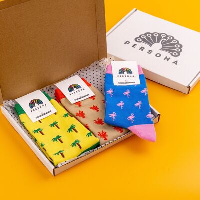 Caja de regalo con calcetines de algodón egipcio para hombre con estampado tropical colorido
