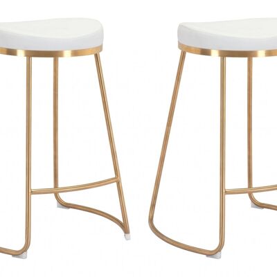 Set of Two White and Gold Modern Glam Geo Backless Counter Stools