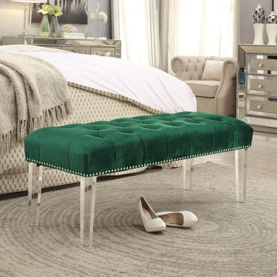 19" Green Tufted Velvet and Acrylic Upholstered Bench