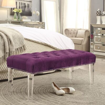 19" Purple Tufted Velvet and Acrylic Upholstered Bench