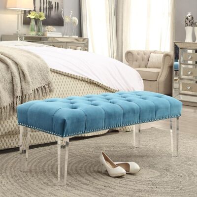 19" Light Blue Tufted Velvet and Acrylic Upholstered Bench