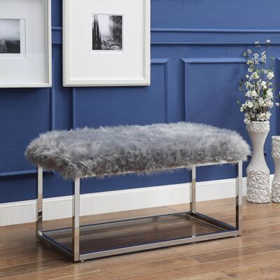19" Grey Faux Fur and Chrome Upholstered Bench