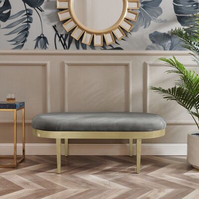 23" Dark Grey Velvet and Gold Oval Upholstered Entryway Bench