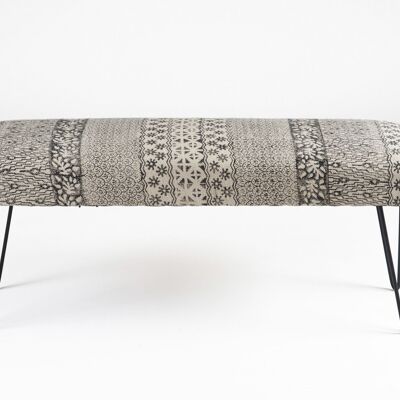 47" Charcoal Gray and White Black Leg Abstract Floral Upholstered Bench