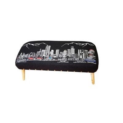 38" Black Denver Nighttime Skyline Embroidered Ottoman