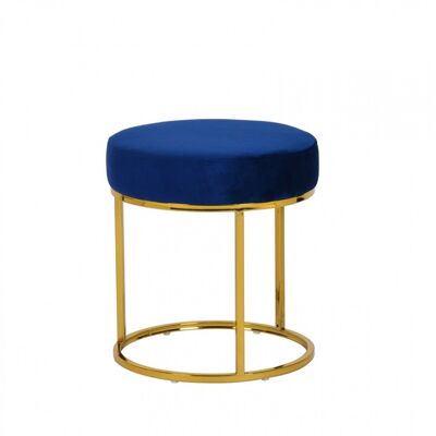 Compact Blue Velvet And Gold Round Ottoman