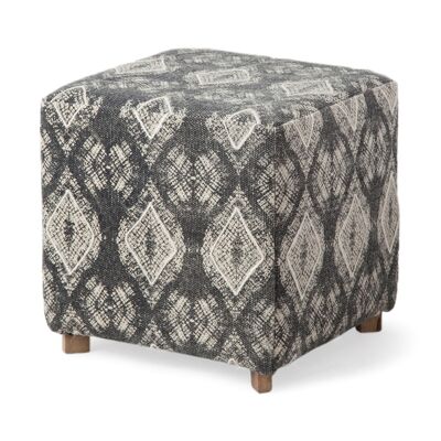 Patterned Fabric Covered Ottoman With Wooden Legs