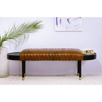 Warm Brown Leather And Solid Wood Bench