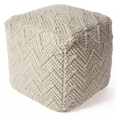 Ivory Hand Woven Wool Square Pouf With Chevron Pattern