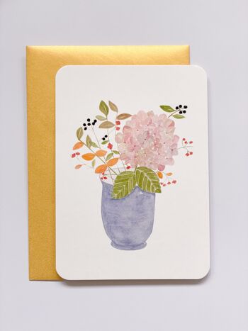 carte bouquet aquarelle - vase bleu hortensias - avec enveloppe 3