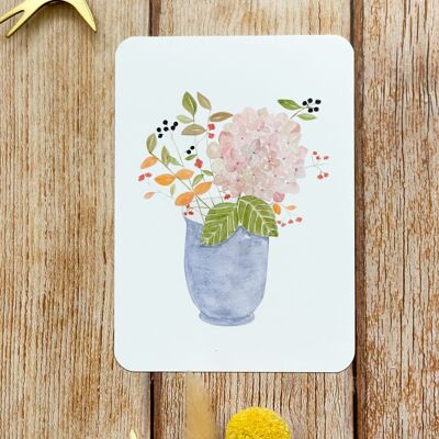 Aquarell-Blumenstraußkarte – blaue Hortensienvase – mit Umschlag