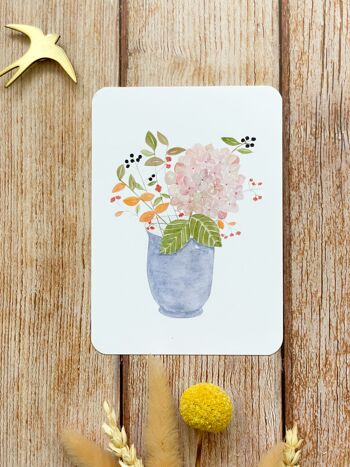 carte bouquet aquarelle - vase bleu hortensias - avec enveloppe 1