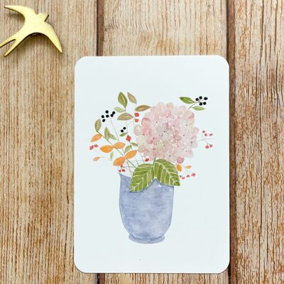 carte bouquet aquarelle - vase bleu hortensias - avec enveloppe