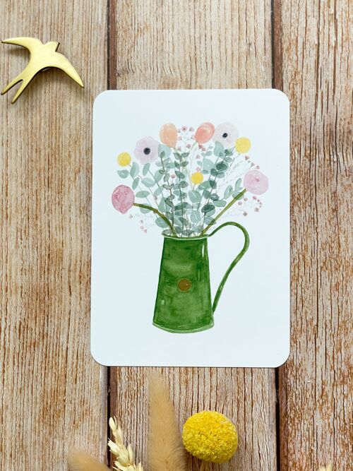 carte aquarelle - bouquet vase vert - avec enveloppe
