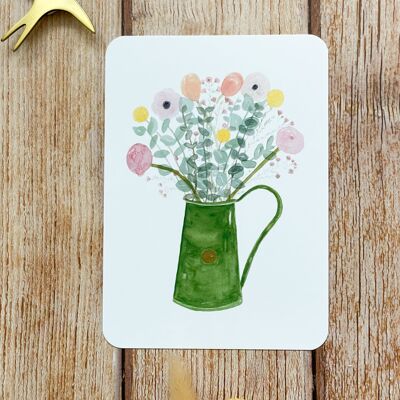 carte aquarelle - bouquet vase vert - avec enveloppe