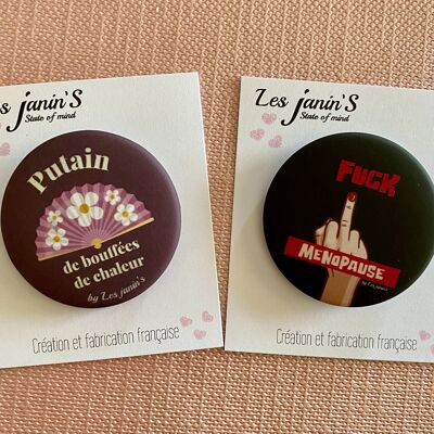 2 fun and colorful 45mm pin badges: Fuck Menopause/Fuck hot flashes