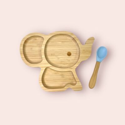 Elefanten-Babymahlzeiten-Set aus Bambus und himmelblauem Silikon
 (Teller mit Fächern + Löffel)
