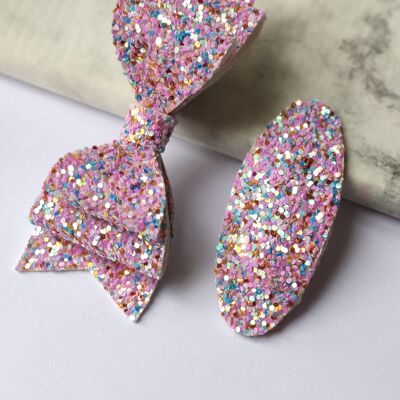 DELUXE PINK BOW AND SNAP - SET OF 2 HAIR CLIPS