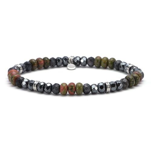 Bracelet acier perles facettées unakite hématite et oeil de tigre