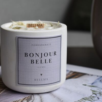 Bonjour Belle scented candle with elegant dried flower accents for friends, family and your home
