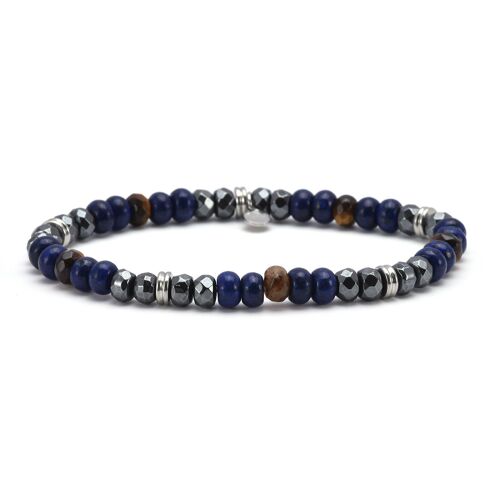 Bracelet acier perles facettées hématite lapis et oeil de tigre