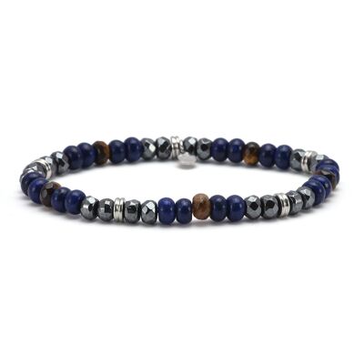 Bracciale in acciaio, ematite sfaccettata, lapislazzuli e perle di occhio di tigre