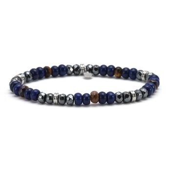 Bracelet acier perles facettées hématite lapis et oeil de tigre 1