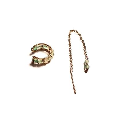 Set of golden asymmetrical earrings with green Aventurines