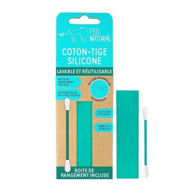 Coton-tige silicone lavable et réutilisable. Et boîte de rangement pratique et hygiénique - VERT