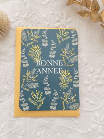 Carte postale motif aquarelle mimosa - Bonne année
