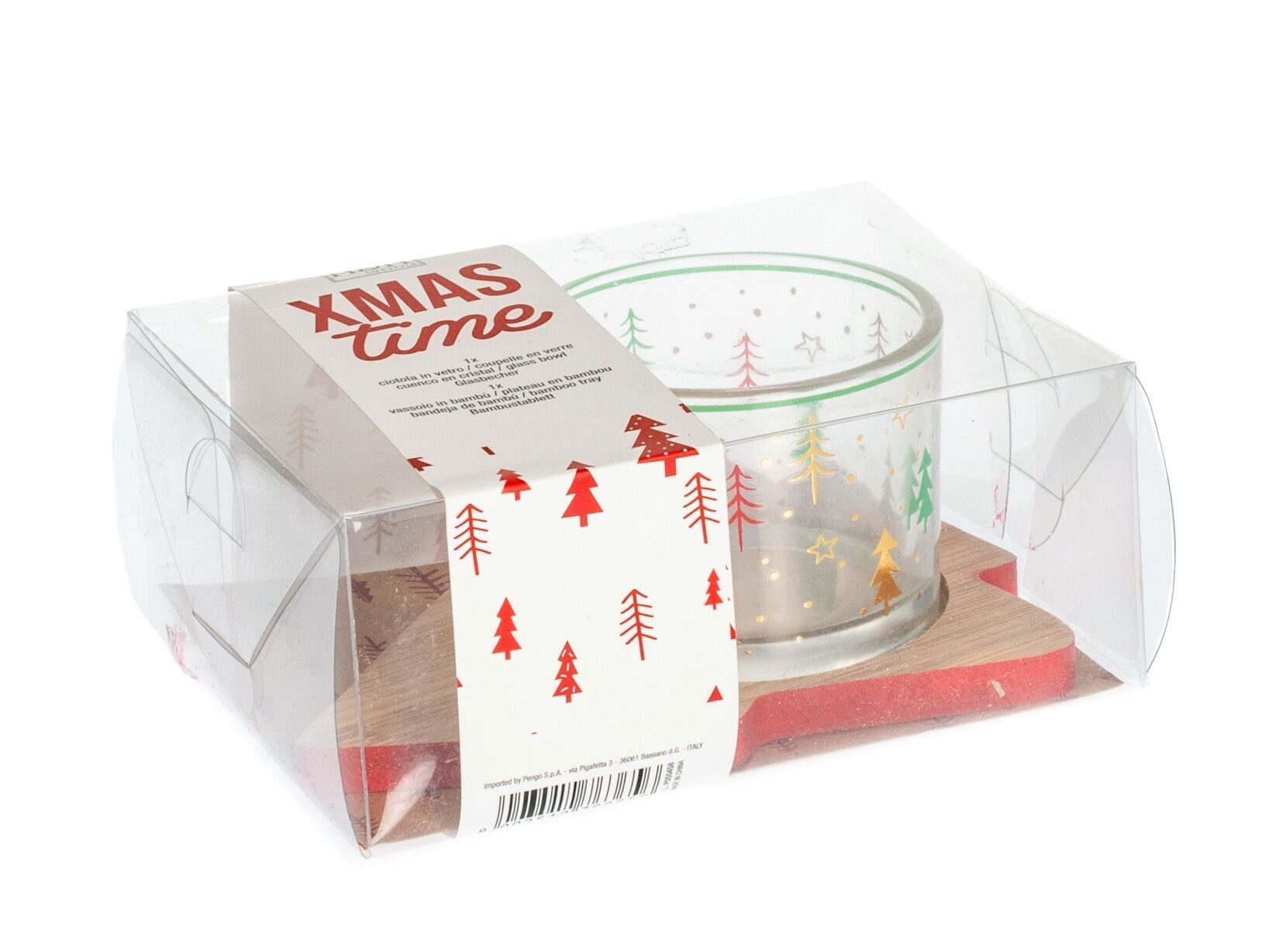 Ciotolina in vetro natalizia con base in bambù 7xh5 cm