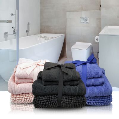 Confezione da 4 asciugamani e tappetino da bagno legati con nastro