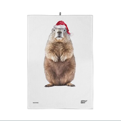 Torchon Noel 100% coton cadeau marmotte