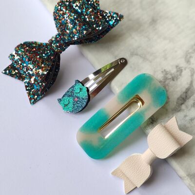 TURQUOISE OWL - Set of 4 hair clips