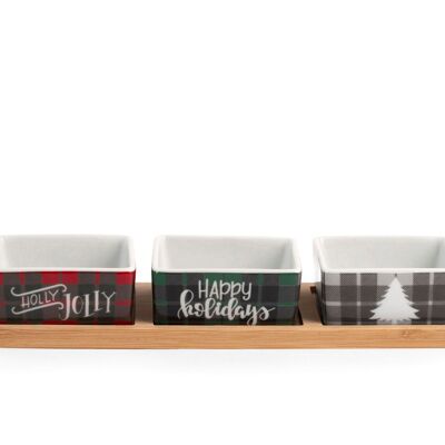 Set aperitivo natalizio Winterland con 3 ciotoline e vassoio in bambù 9x28 cm