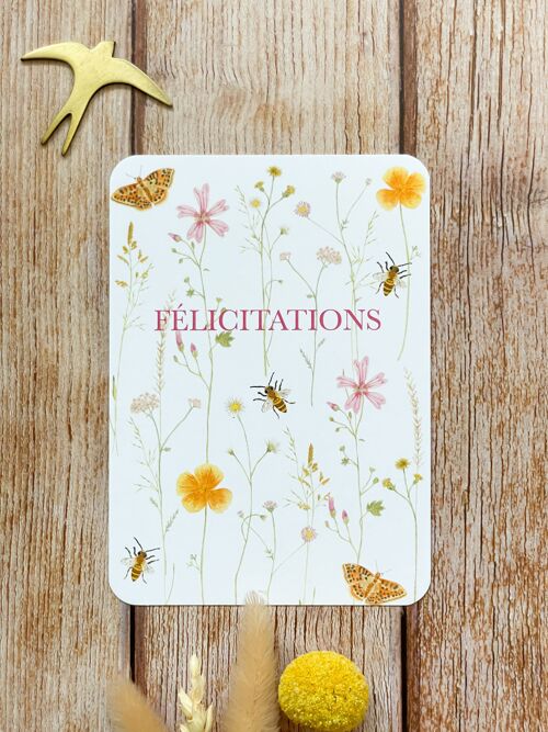 carte postale aquarelle Félicitations motif fleurs et abeille - avec enveloppe