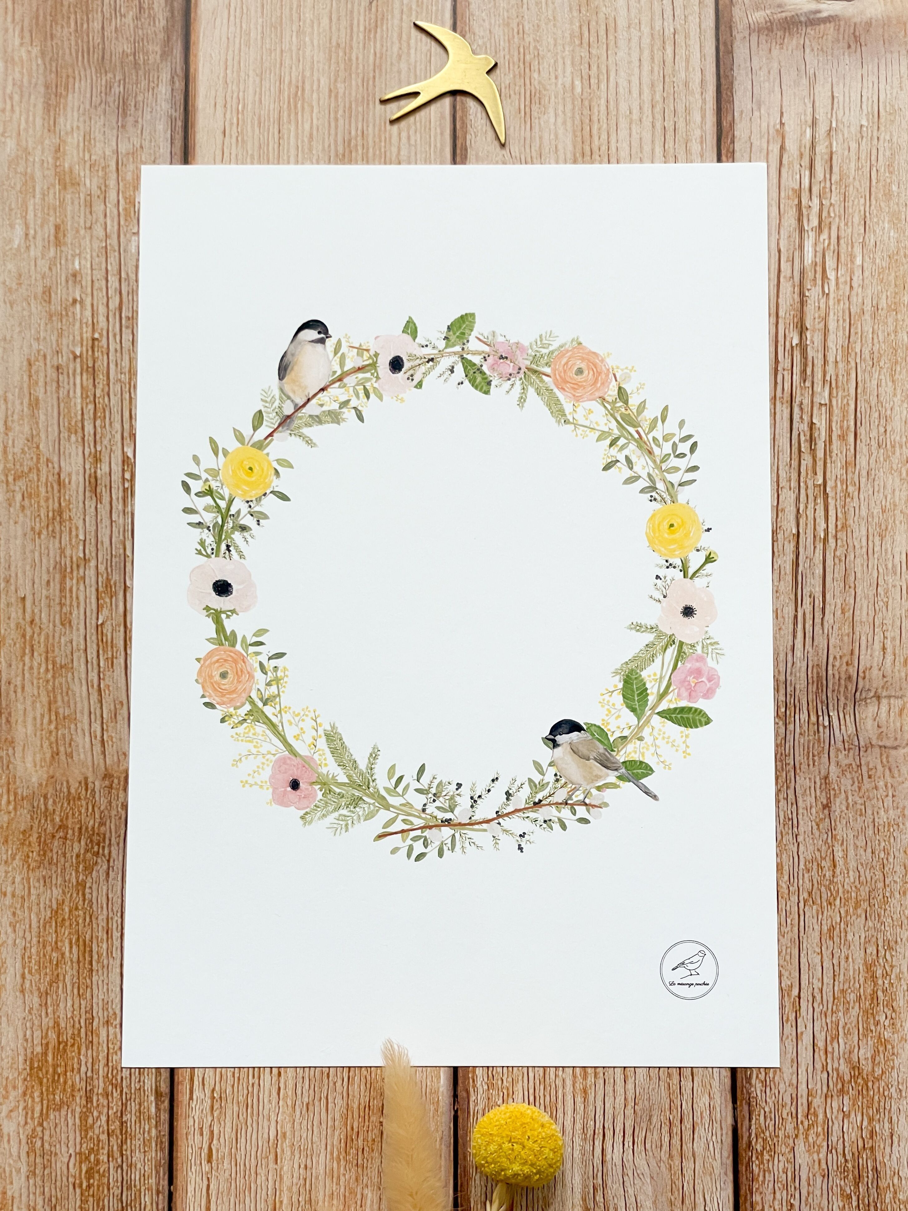 A4 watercolor poster with buttercup crown and chickadees