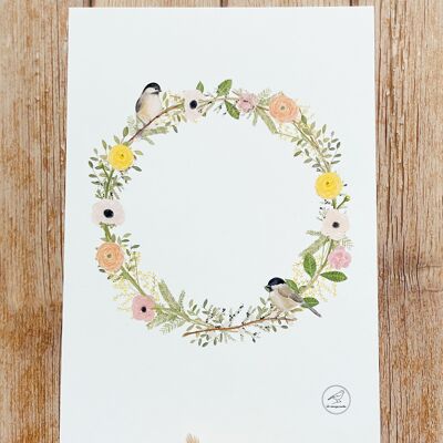 A4 watercolor poster with buttercup crown and chickadees