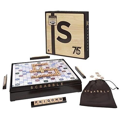 Mattel - HPK87 - Scrabble - Edition 75Ème Anniversaire - Jeu de société, jeu de plateau - Lettres en Bois , Plateau Tournant en Bois,  2 Modes De Jeu - De 2 À 4 Joueurs
