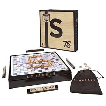 Mattel - HPK87 - Scrabble - Edition 75Ème Anniversaire - Jeu de société, jeu de plateau - Lettres en Bois , Plateau Tournant en Bois,  2 Modes De Jeu - De 2 À 4 Joueurs 1