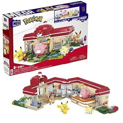 Mattel – HNT93 – MEGA Pokémon – Wald-Pokémon-Center – 648-teilige Baubox – 4 Charaktere: Pikatchu, Chansey, Evoli und Togepi.