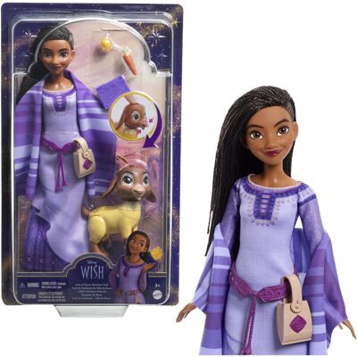 Mattel - HPX25 - Disney Wish - Asha Adventure Box del Reino de Rosas, Muñeca articulada con ropa desenfundable, animales de compañía y accesorios incluidos, juguete para niños, a partir de 3 años