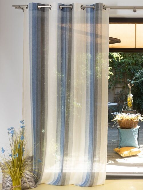 Rideau Voilage TREVI - Col Bleu - Panneau à oeillets - 140 x 260 cm - 60 % lin 40 % polyester