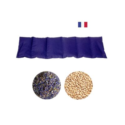 Fascia riscaldante rilassante guarnita con cereali e fiori di lavanda biologica.