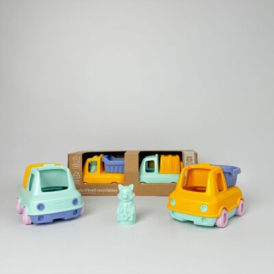 Toy vehicle, Fire truck and Dumpster with figurines, Made in France in recycled plastic, Gift 1-5 years old, Easter, Multicolored