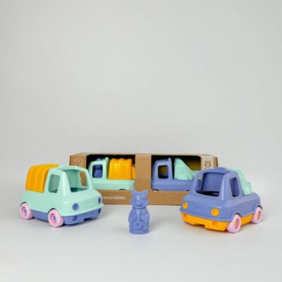 Vehículo de juguete, Camión de bomberos y cubo de basura con figuritas, Hecho en Francia en plástico reciclado, Regalo 1-5 años, Pascua, Multicolor