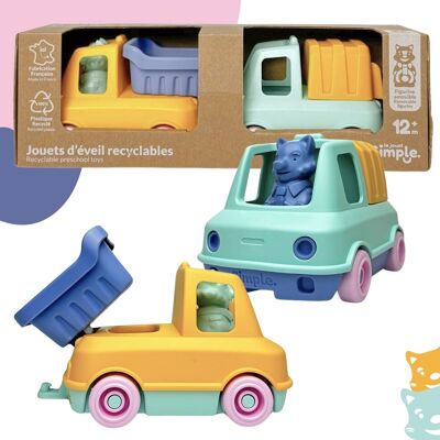 Das einfache Spielzeug-, Müllcontainer- und Müllwagen-Set mit Figuren, hergestellt in Frankreich, 100 % recycelter und recycelbarer Kunststoff, spülmaschinenfest, Geschenk für Mädchen und Jungen ab 1 Jahr, Lernspielzeug für den Strand