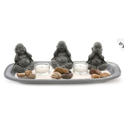 35 cm Dreifach-Buddha-Teelichthalter aus Kunstharz für den Zen-Garten