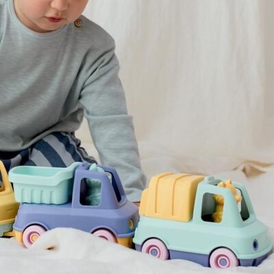 Orangefarbener Dumper-LKW-Zug und Mülleimer-Duo-Box – ab 12 Monaten – recycelbares Spielzeug – hergestellt in Frankreich